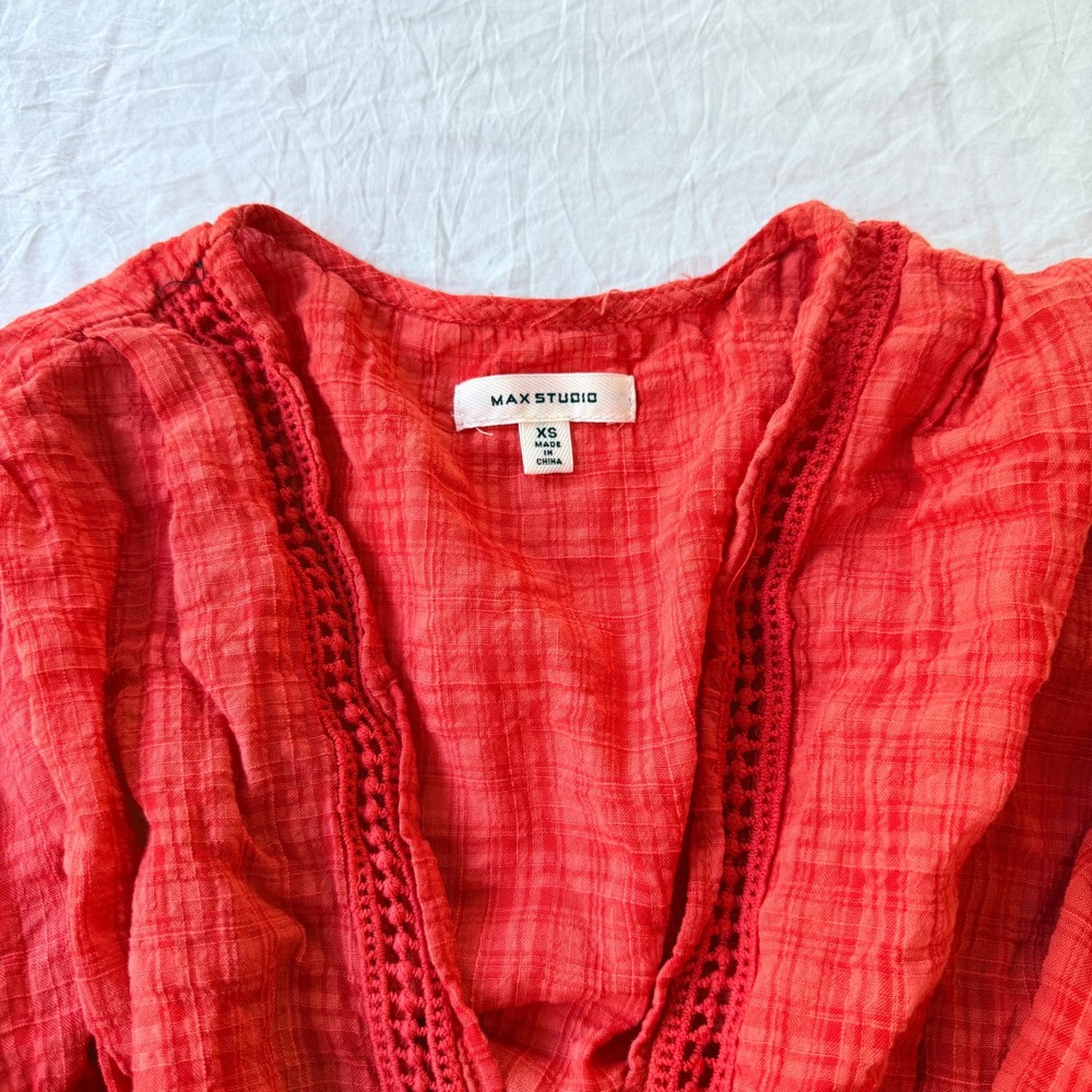 Max Studio Red Gauze Crochet Lace Wrap Blouse Top XS A701C36 - Picture 3 of 5